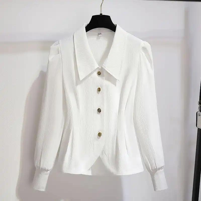 

Women White Textured Lapel Long Sleeve Fitted Button Down Shirt S белый