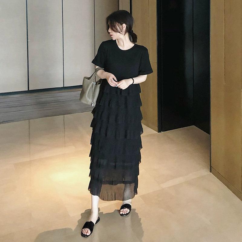 Summer Fat MM Women's Skirt Cake Loose Short Sleeve Chiffon Stylish Look Thin Black French Dress