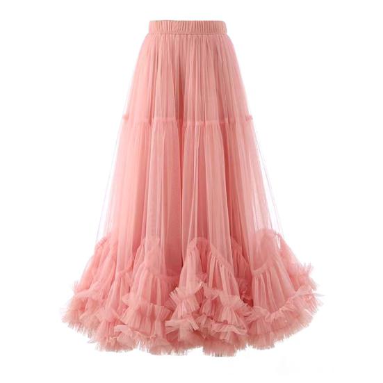 Mesh Yarn Midi Skirt High Elastic Waist Ruffles Trim A-line Skirt