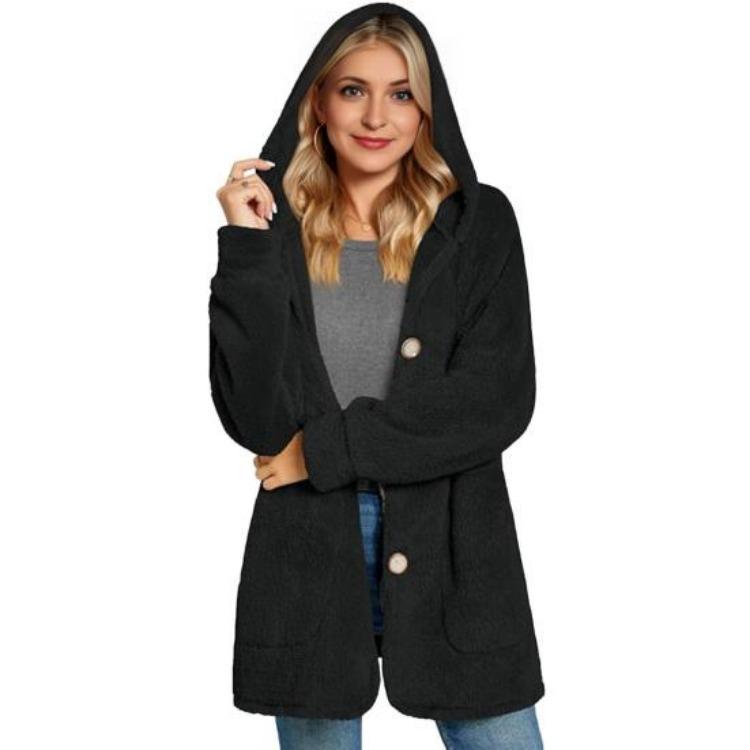 Manteau Long Décontracté en Polaire pour Femme Veste à Capuche Sherpa Oversize avec Poches Bouton Duvet Vêtement d'Extérieur Moelleux