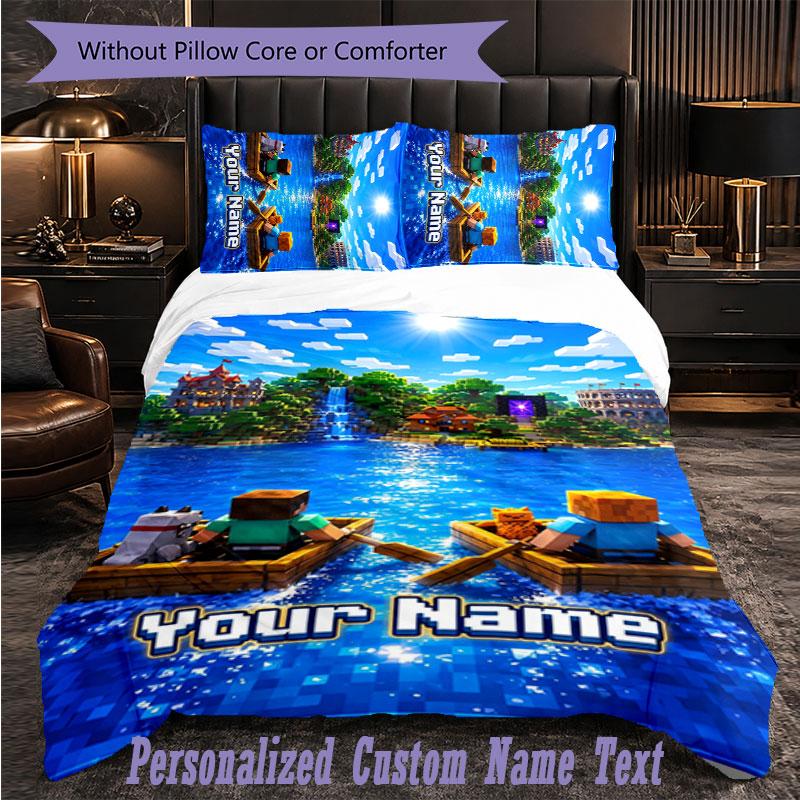 Personalized 3Pcs Bedding SetMinecraft Custom Text Duvet Cover Pillowcase Set Bedroom Gift