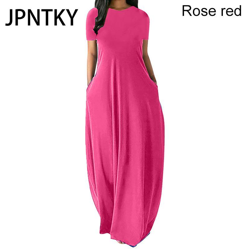 

JPNTKY Женское повседневное свободное длинное платье с круглым вырезом и коротким рукавом, летнее пляжное платье, элегантное вечернее платье XXXXXL розы красного