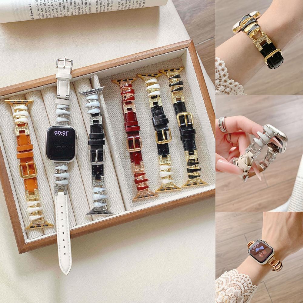 Women Metal Leather Watch Band for Apple Watch Series Ultra 11/10/9/8/7 SE Splice Leather Strap for 38 40/41/42/44/45/46/49mm Replacement Bracelet