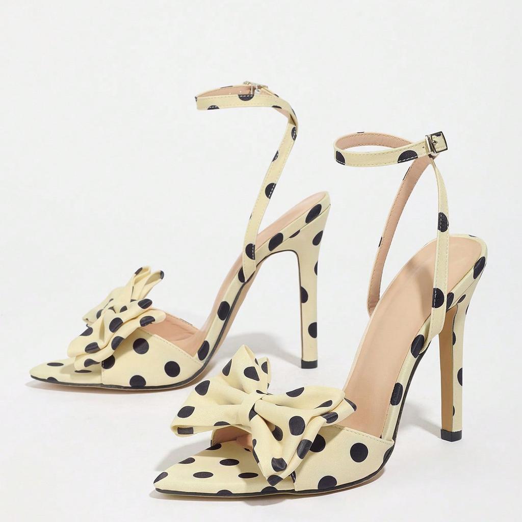 Damen Sandalen mit hohen Absätzen Klassisch Gepunktetes Seidenkleid Elegante Schleife Stilettoschuhe für Damen Hochzeitsfeier Abschlussball Pumps Größe 35-43