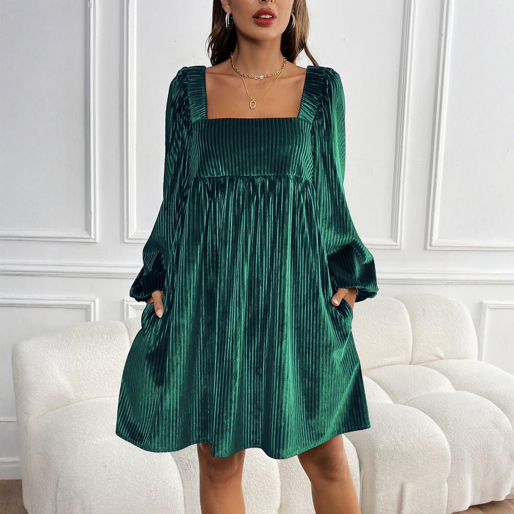 Womens Loose Fit Square Neck Long Sleeve Velvet Babydoll Dresses Dress