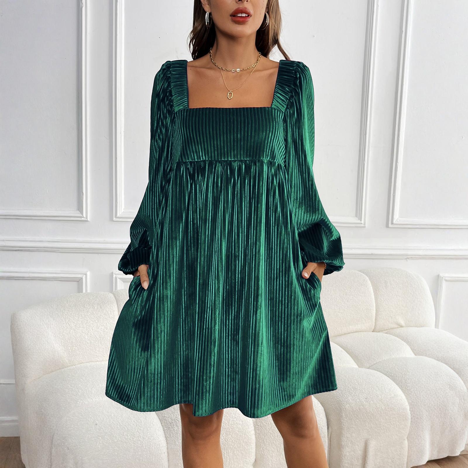 

Womens Loose Fit Square Neck Long Sleeve Velvet Babydoll Dresses Dress M зелёный