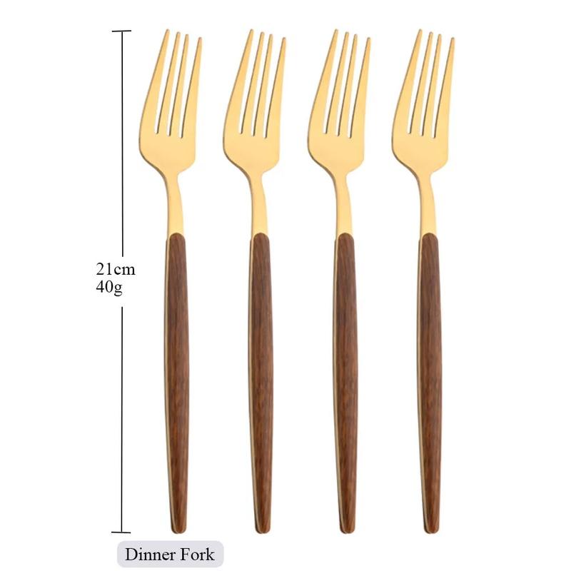 Brown Gold Stainless Steel Dinnerware Set with Imitation Wooden Handle - 4/16 Piece Cutlery Set including Knife, Spoon, Fork