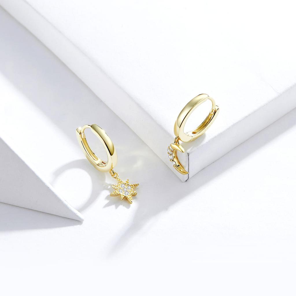 Star and Moon Gold Plated Silver Hoop Earrings 925 Silver