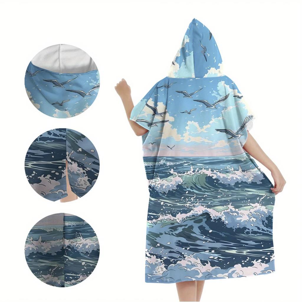 Blue Ocean Wave Flat Print Hooded Beach Towel Seagull Scenic Quick Dry Surf Poncho Changing Robe for Women Adult Travel
