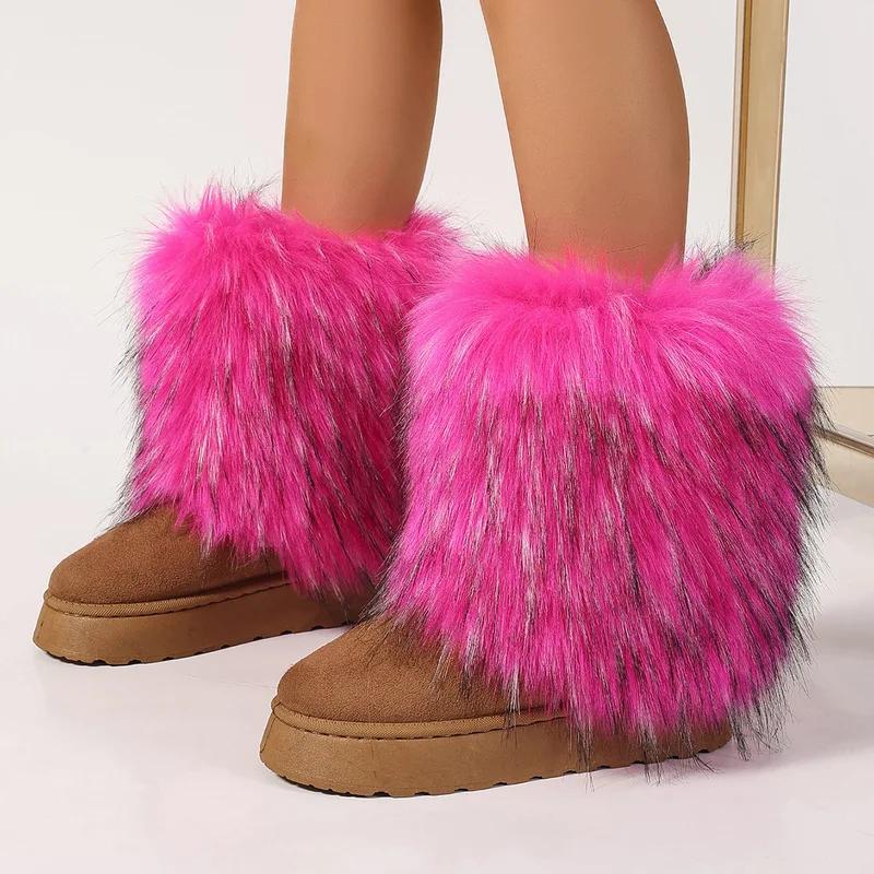 Winter women faux fur snow boots warm short plush lining fluffy fashion furry shoes woman platform suede leather ankle boots