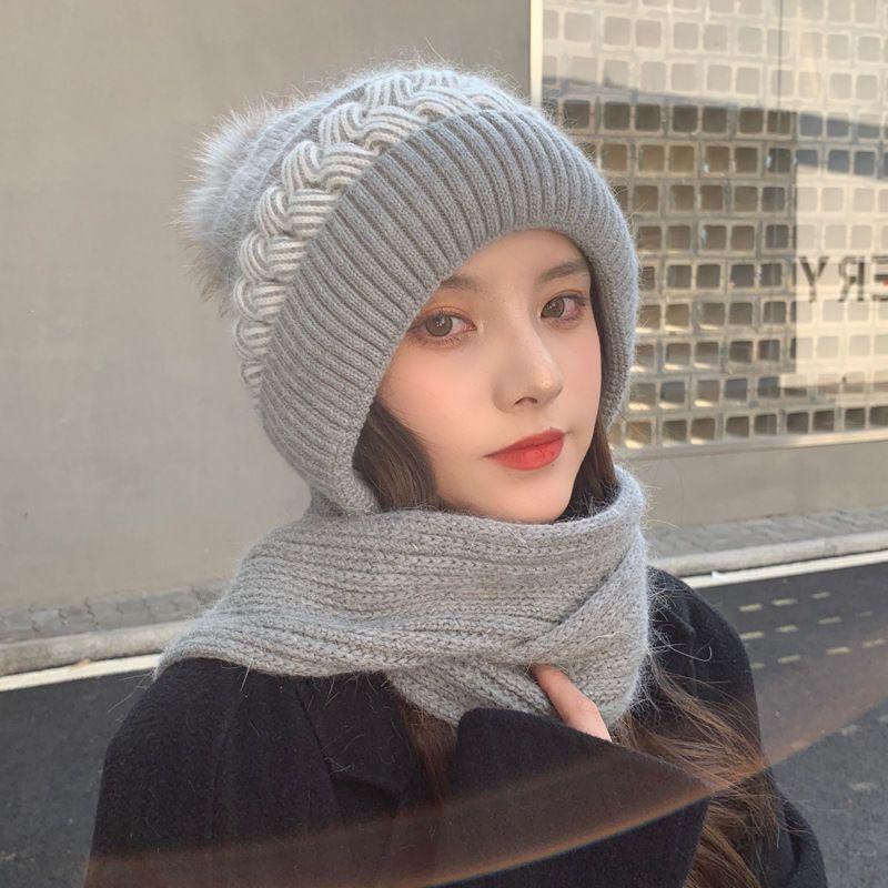Korean Style Winter Warm Thickened Knitted Wool Hat Set Ear Protection Fleece Lined Cold Proof Neck Warmer Hat and Scarf Integrated