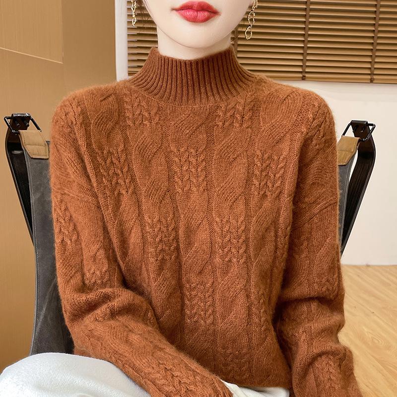 

Толстый шерстяной женский пуловер с полувысоким воротником и кабельной вязкой 2XL (135-150 Jin)