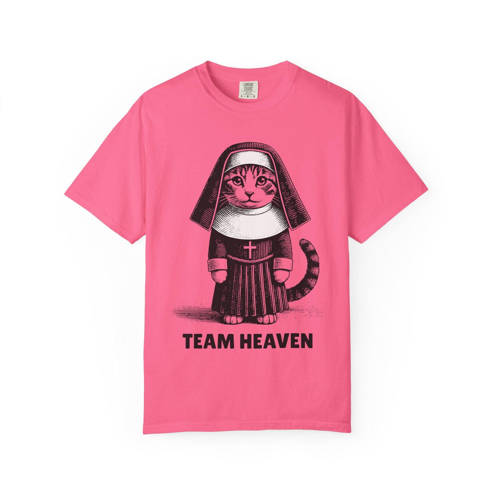Nun Cat Illustration T-Shirt Team Heaven Typography Vintage Christian Engraving Style Gift XL