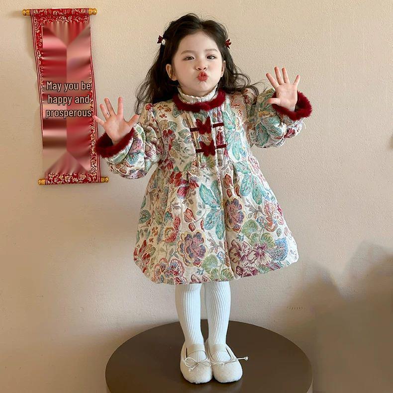 Девочковое стеганое хлопковое платье с цветочным принтом - Зимний наряд принцессы в стиле Ханьфу 59 cm