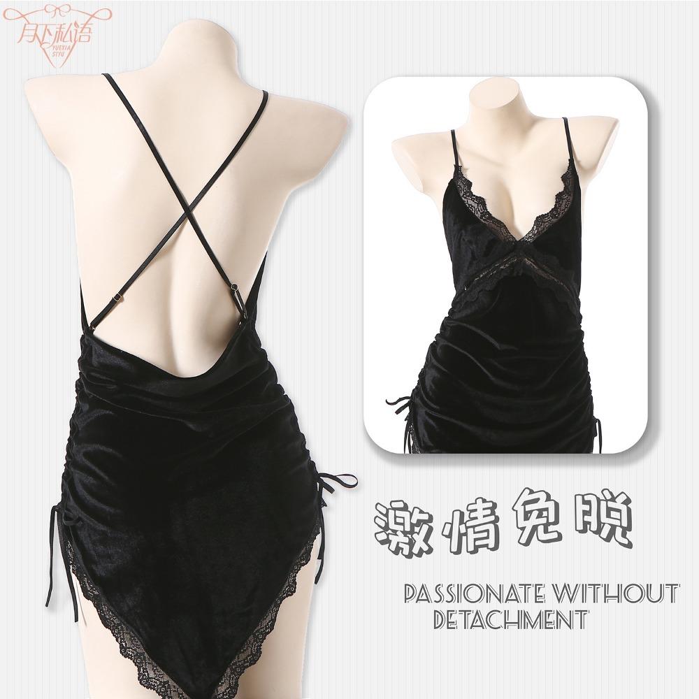 Sexy Velvet Lingerie Deep V Showing Breasts Passion Seduction Pajamas Cross-strap Backless Pajamas