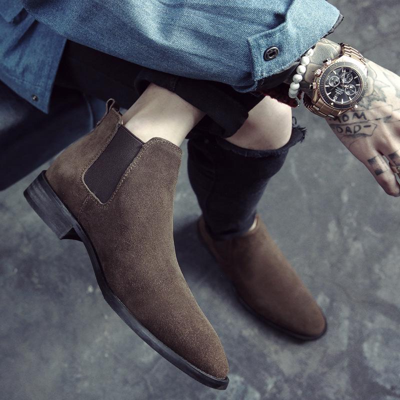 Chelsea Boots Men Shoes Suede Leather Men's Ankle Boots British Style Autumn Boots for Male Pointed Toe Shoes Zapatos Hombre