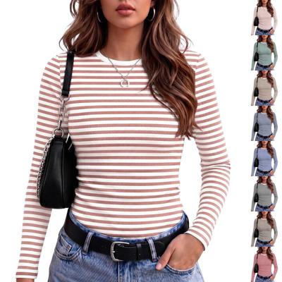 Damen Slim Fit Langarm Gestreiftes Hals-T-Shirt