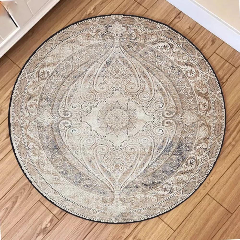 Vintage Ethnic Pattern Round Rug Elegant Floral Geometric Scroll Designs Soft NonSlip Carpet For Living Room Bedroom