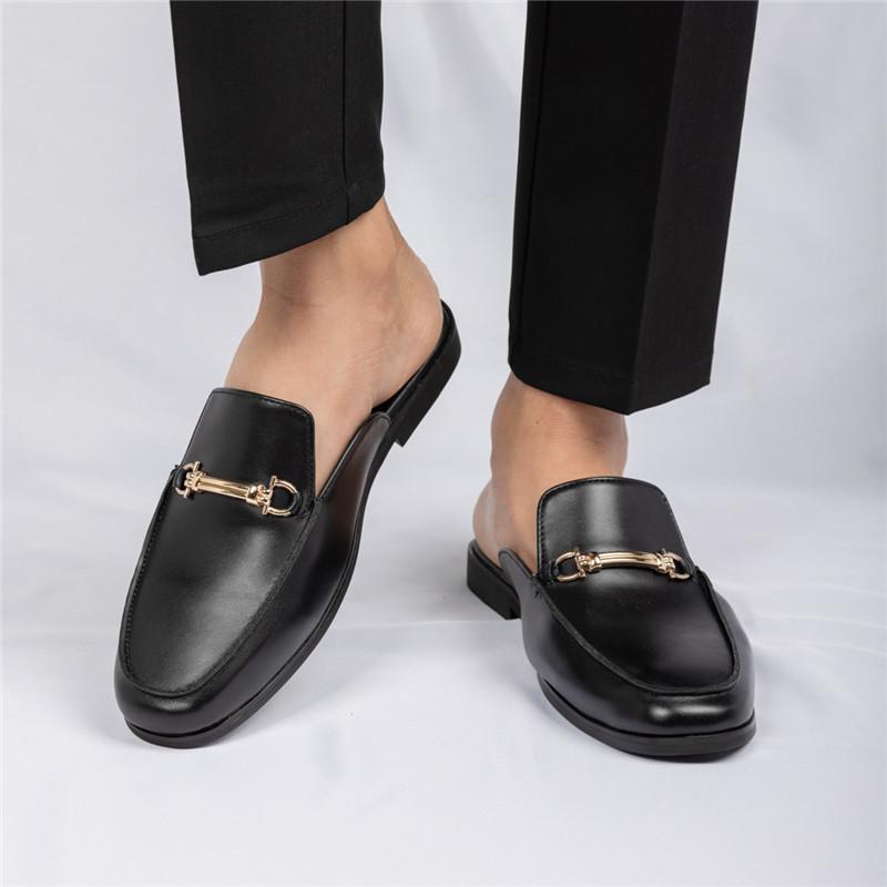 Luxury New Designer Men's Black Brown Patent Leather Half Shoes For Men Mules Sandals Casual Shoes Slides Loafers Slippers