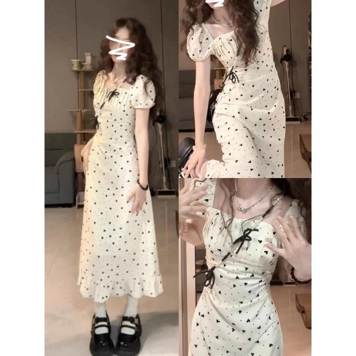 French square neck bubble sleeve dress women s summer new gentle temperament coffee break dress waist and thin long dress S