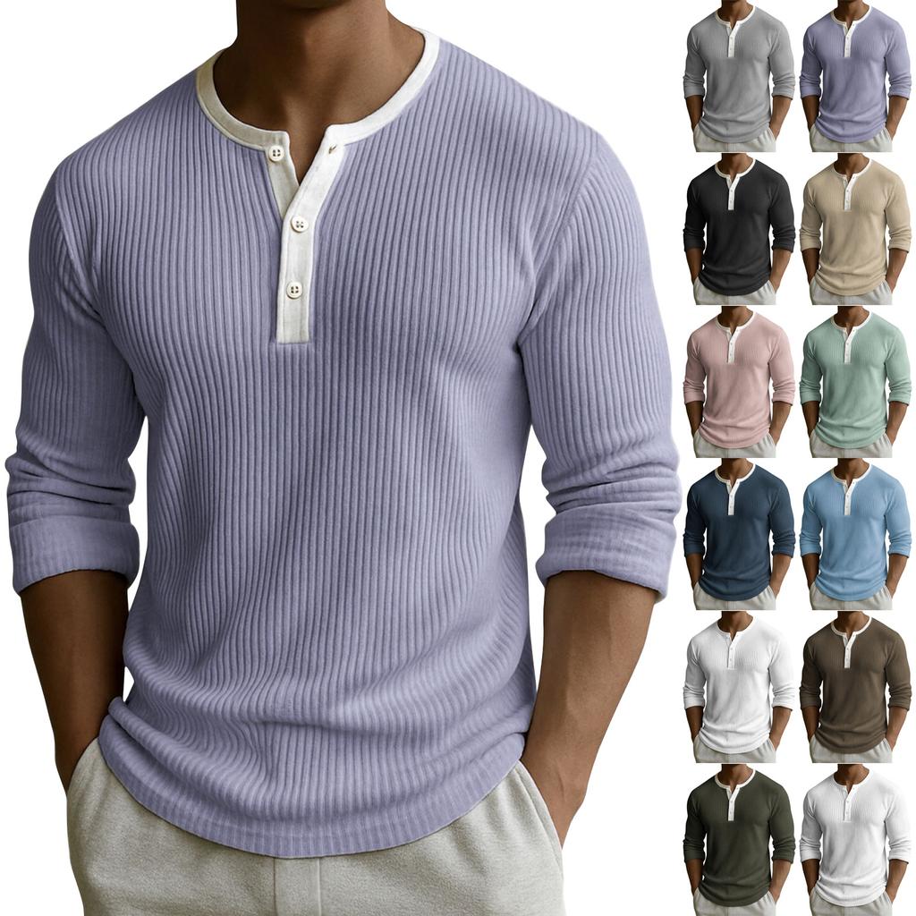 Men's Solid Color Ribbed Textured Button Down Round Neck Long Sleeved Top