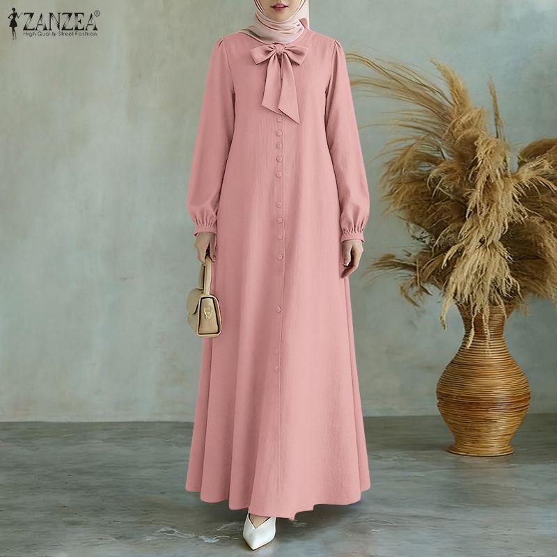 ZANZEA Women Casual Round Neck Loose Long Sleeve Muslim Dress