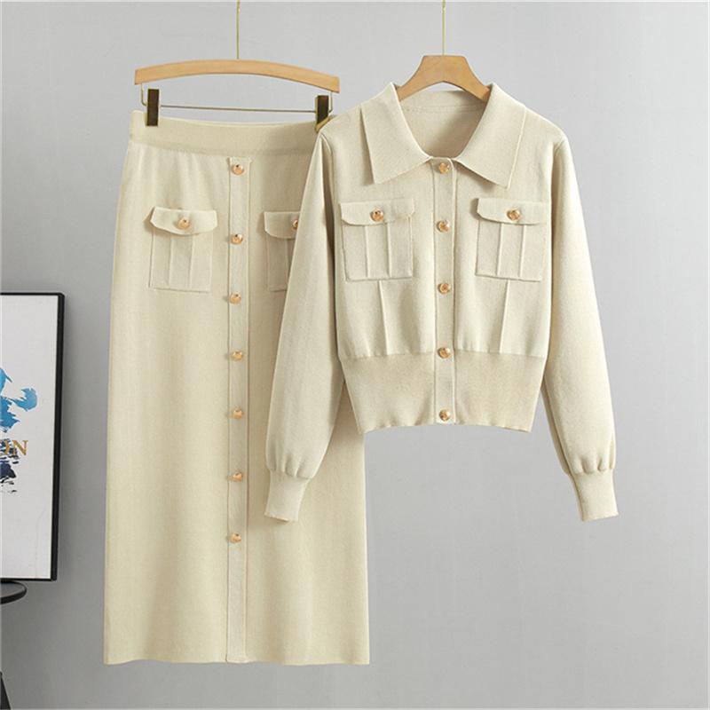 Women's autumn and winter slim fit knitted Suit New polo collar sweater hip hugging skirt two-piece set