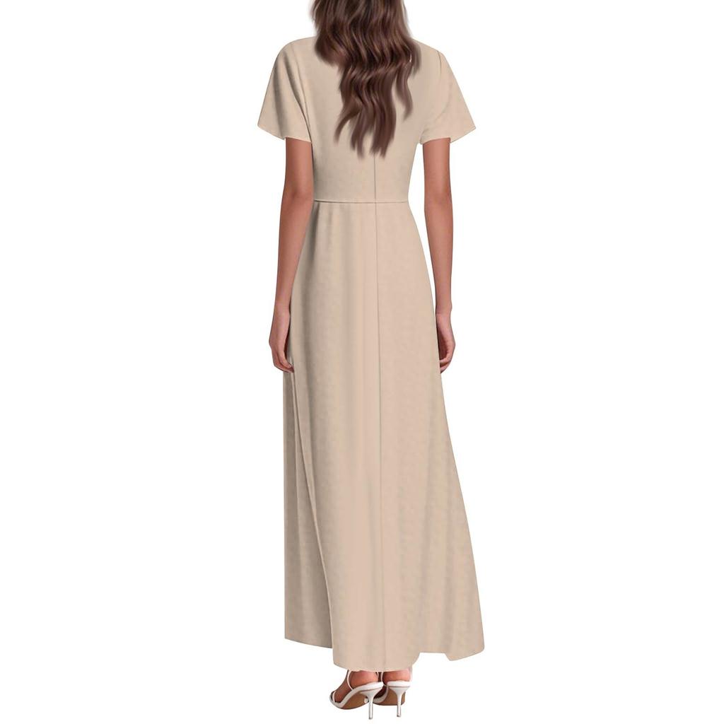 Women's Summer Casual Fashion Solid Color Dresses V-Neck Short Sleeve Dresses