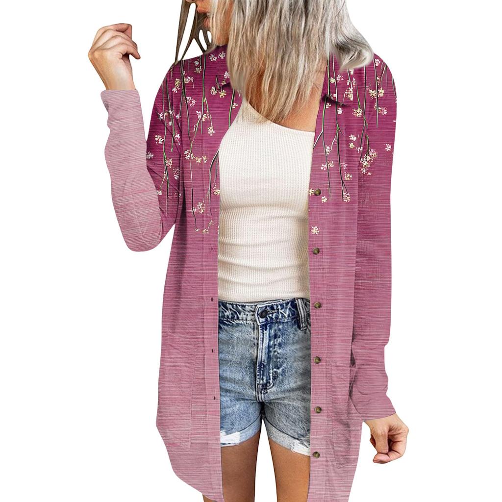 Women's Casual Fashion Floral Print Long Sleeve Mid-Length Cardigan Jacket