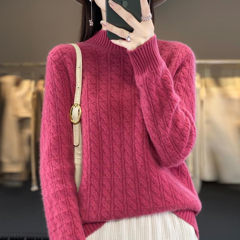 2023 Autumn/Winter Women's Korean Wool Cable Knit Round Neck Sweater