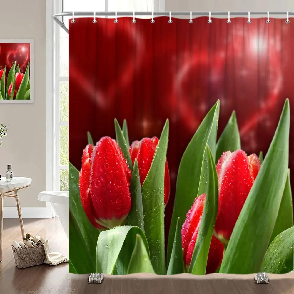 Valentine'S Day Shower Curtain, Rose Flower Heart Romantic Plant Love Lipstick Polyester Printed Fabric Bathroom Decoration