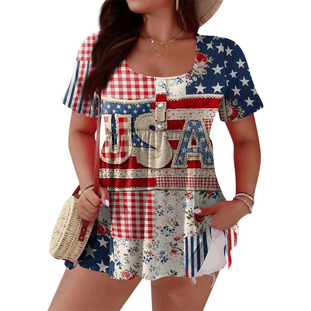 Women's Fashionable Casual Short Sleeve Loose Fit Button Front Printed Blouse