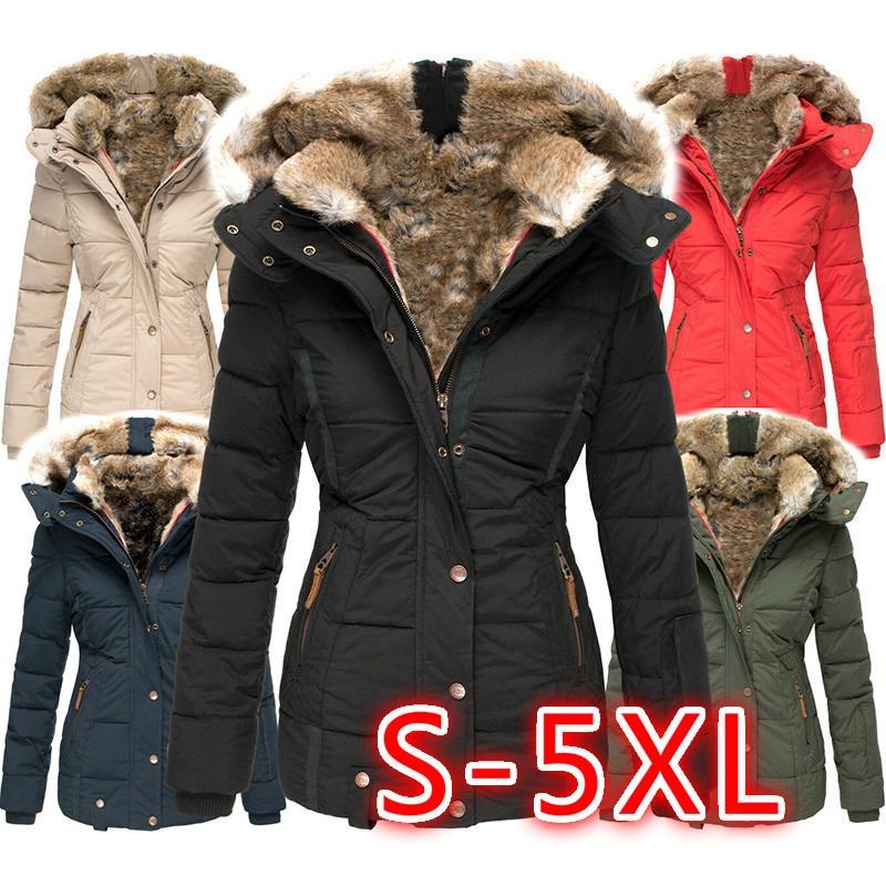 New Winter Warm Fur Collar Cotton Coat Women's Zipper Long-sleeved Slim Cotton Coat Hooded Coat