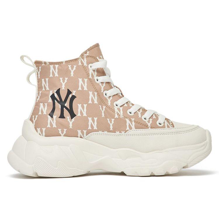MLB Chunky High Canvas Fashion Shock Absorption Non-Slip Wear-Resistant High-Top Dad Shoes Unisex Sneakers Dark-Beige 3ASHULM2N-50BGD