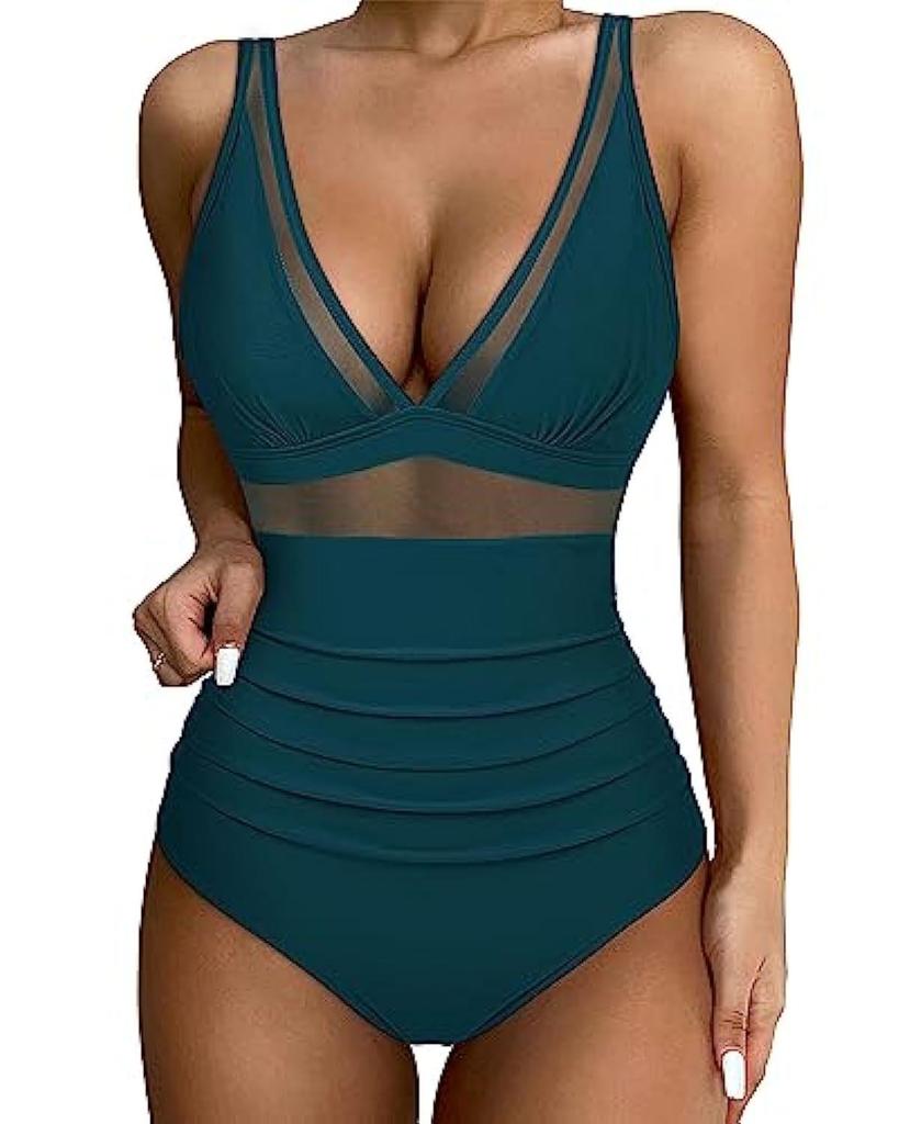 European & American Sexy Mesh Deep V One-Piece Swimsuit for Women