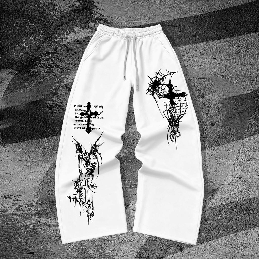 Dark-themed Devil's Cross Spider Web Wide-Leg Guard Pants, Outdoor Fashion Casual Pants