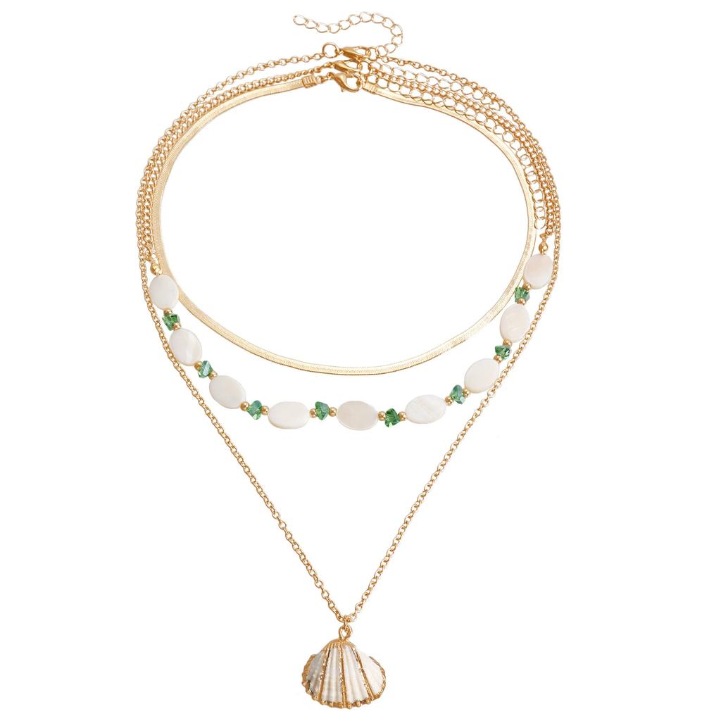 Ocean Wind Shell Multi-layer Stacked Necklace, Retro Vacation Oval Fritillary Beaded Necklace