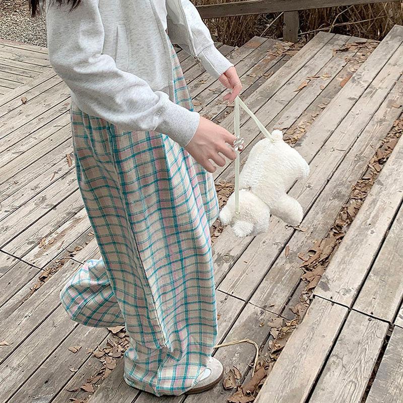 Women's High Waist Wide Leg Pants Straight Fit Plaid Trousers Cute Doll Accent Spring Gentle Commute Daily Wear Bottoms