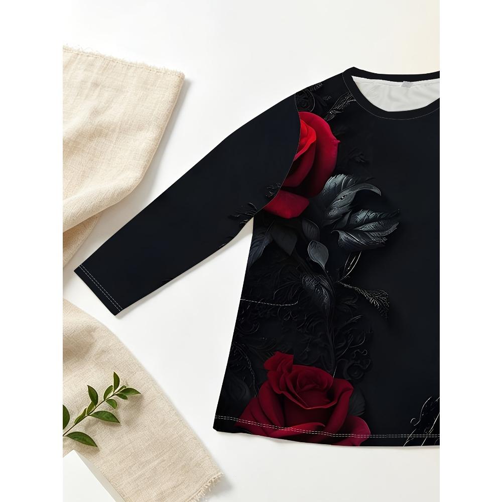 Ladies Plus Size with Pocket Design Black Rose Print Long Sleeve Loose Top, Fashion Versatile T-Shirt