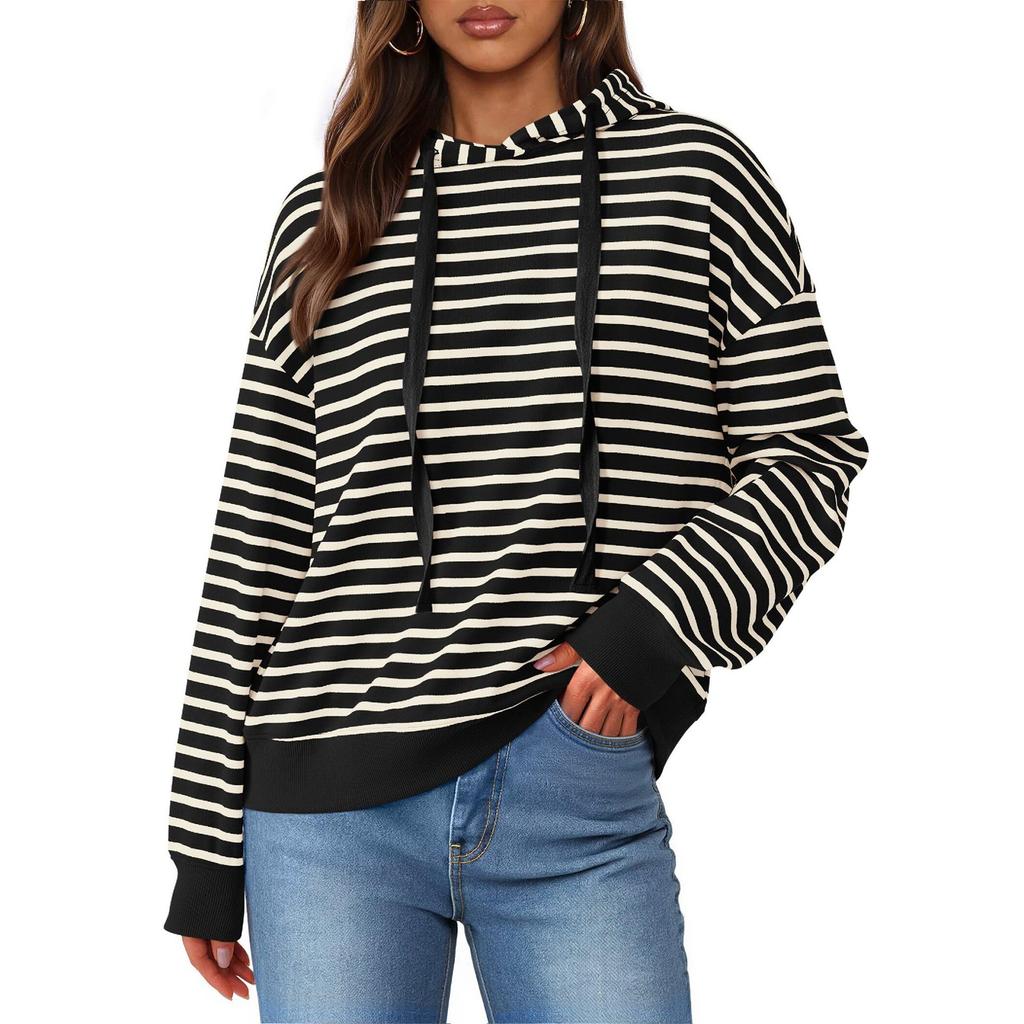 Women's Striped Hooded Sports Casual T-shirt Sweatshirt