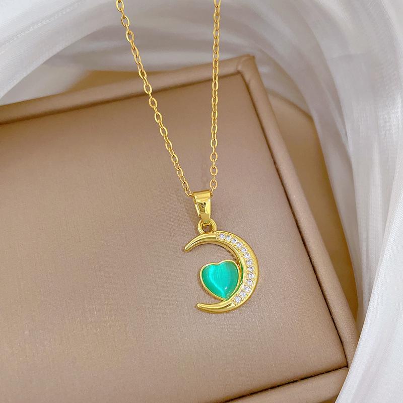 Titanium Steel Moon Green Peach Heart Light Luxury Temperament Gorgeous Full Diamond Necklace Female Versatile Collarbone Chain Titanium Steel Chain