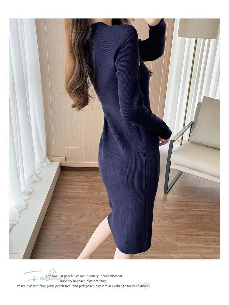 Women's Royal Blue Long-Sleeve Bodycon Wool Knit Dress for Autumn/Winter