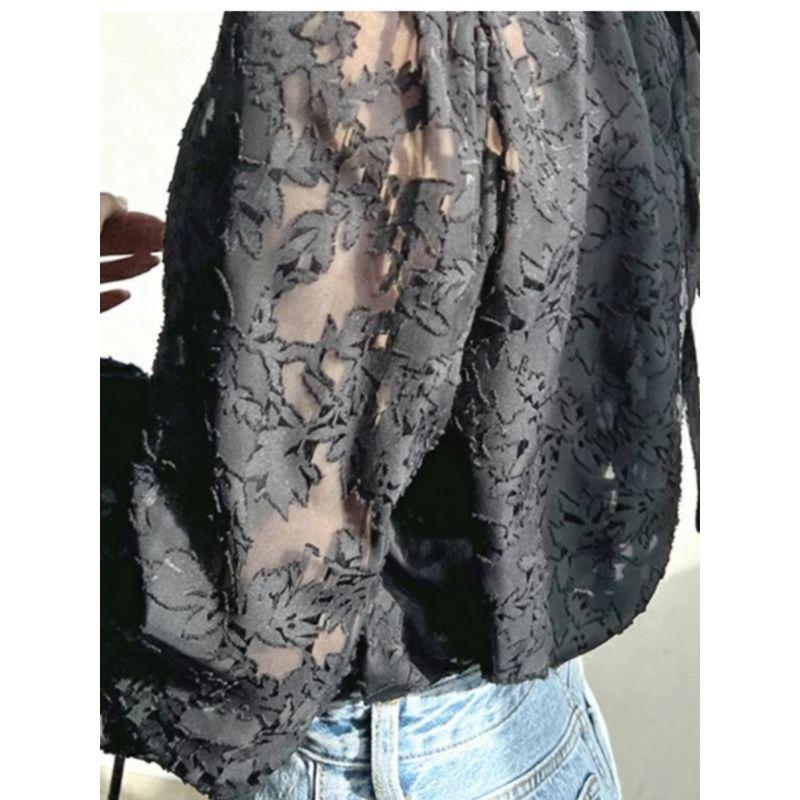 Fall Standing Collar Plus Size Loose Work Clothing Bubble Long Sleeve Chiffon Shirt Lace Tops Sun Protection Clothing Air Conditioning Shirt for Women