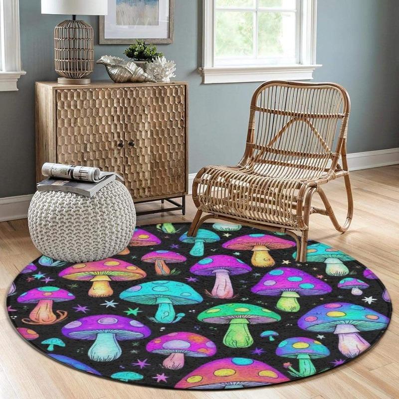 Dreamy Forest Fantasy Circular Rug Colorful Butterfly Mushroom Fern Print Carpet Daily Home Non-Slip Mat for Living Room Bedroom