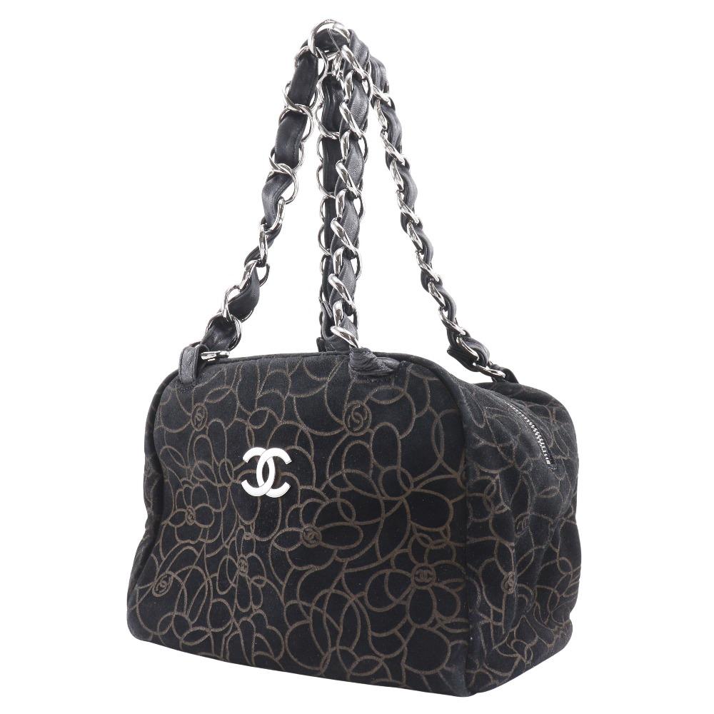 CHANEL Camelia Tote Bag ChainShoulder black Suede Women Used