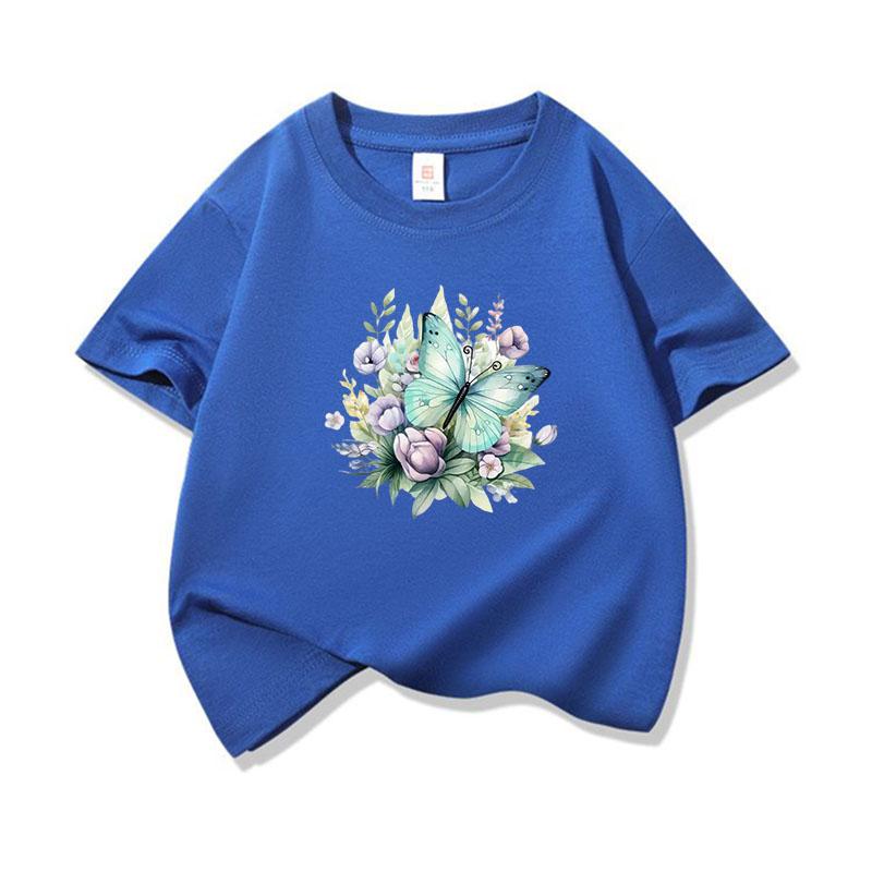 Kids Cotton T Shirt Mint Butterfly With Purple Flowers Print Crew Neck Short Sleeve Tee Casual Boys Girls Summer Tops