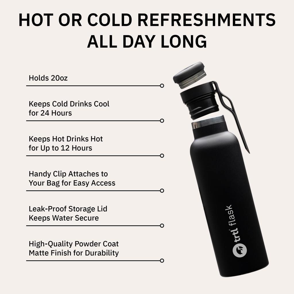 Trtl Flask, Travel Water Bottle - For Hot and Cold Drinks - Insulated Water Bottle with Leak-Proof Storage Lid, Holds Up To 600 ML Of Liquid