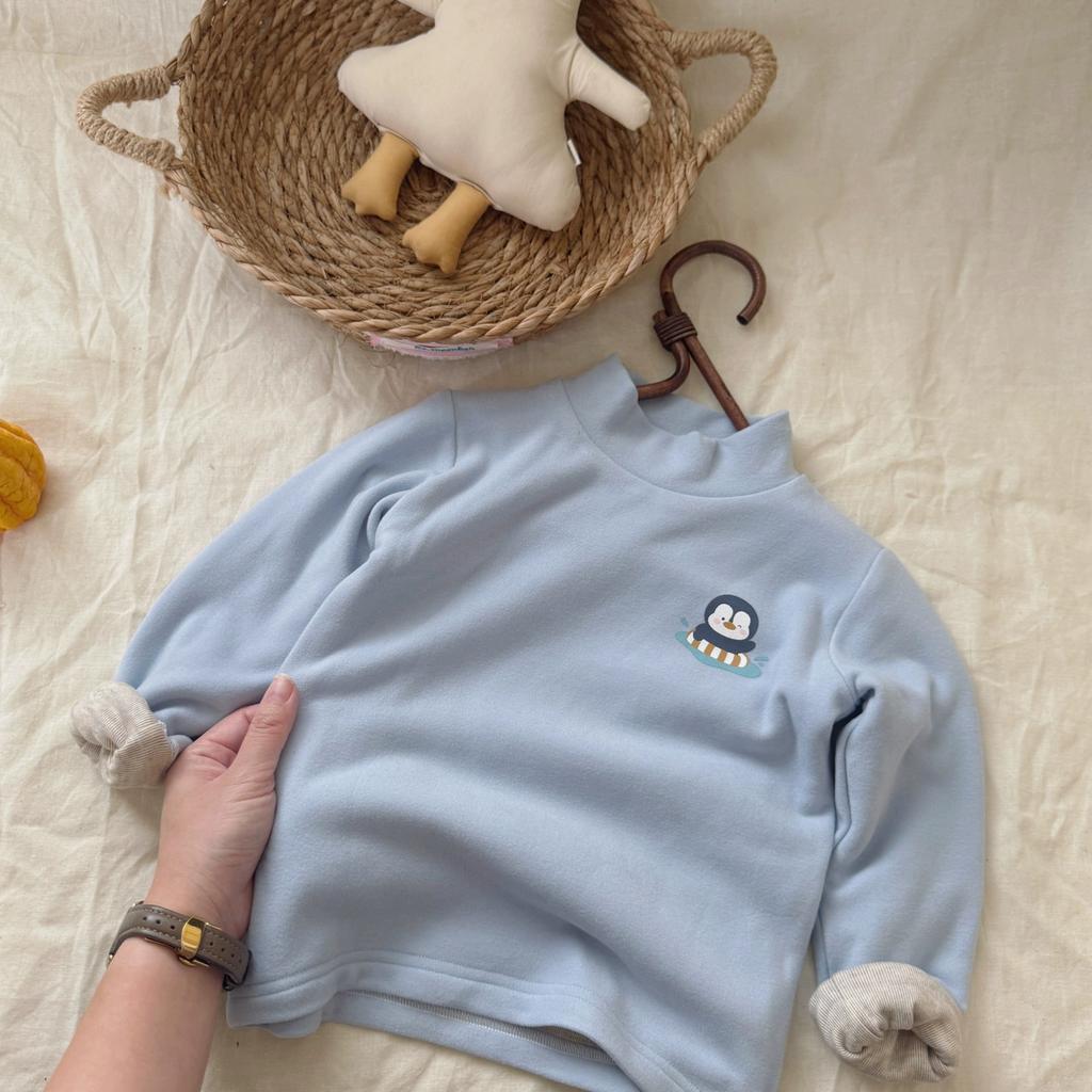 Cartoon Penguin Embroidered Half Turtleneck Long Sleeve Thickened Baby Base Layer for Boys and Girls