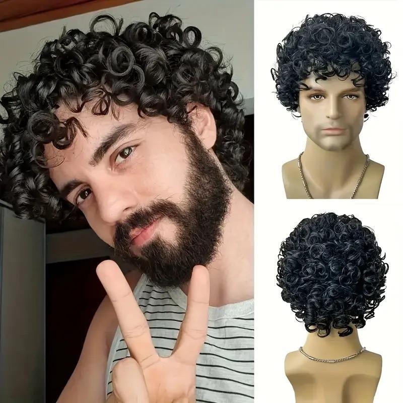 

Black Short Curly Synthetic Wig, Men s Fluffy Afro Curl Wig for Daily & Cosplay