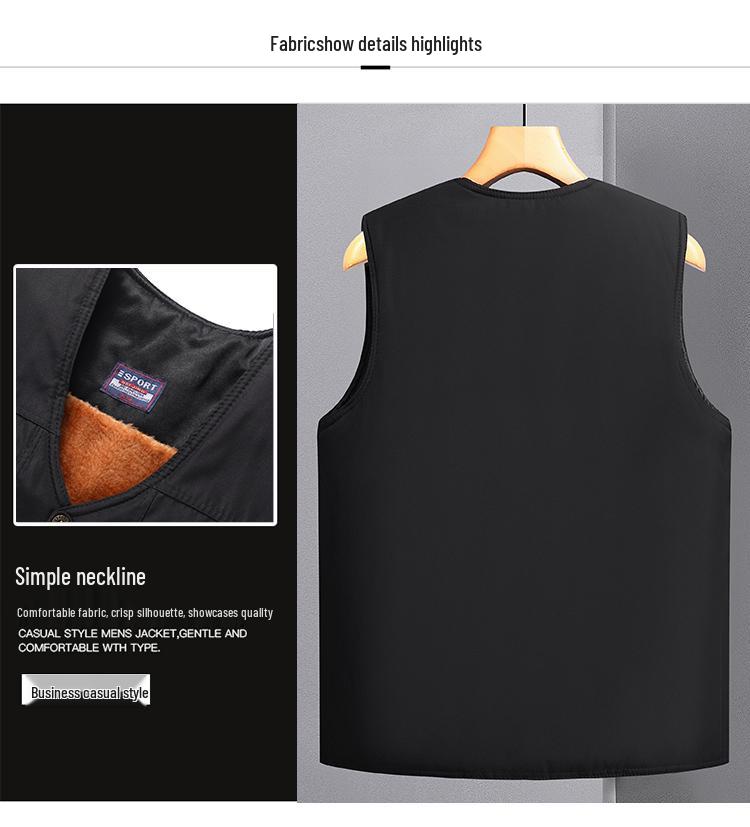 Men's Autumn/Winter Fleece-Lined Multi-Pocket Sleeveless Vest - Warm Cotton Waistcoat for Middle-Aged & Elderly